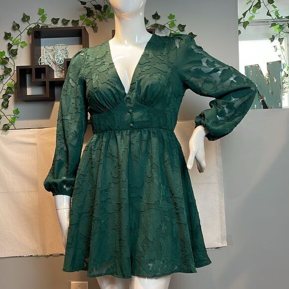 Cupshe Emerald Lace Mini Dress Long Sleeve Floral Print A Line Dress L RefCPS079 - Picture 13 of 13